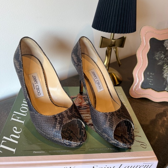 Jimmy Choo Snakeskin Peep-toe Pumps 37.5 - Picture 2 of 9